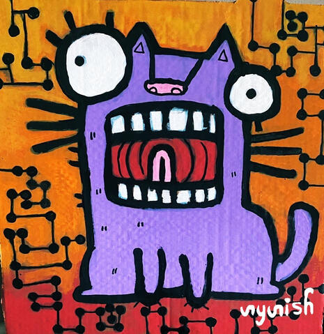 "Screaming Cat" ink and acrylic on pizza box. 2023